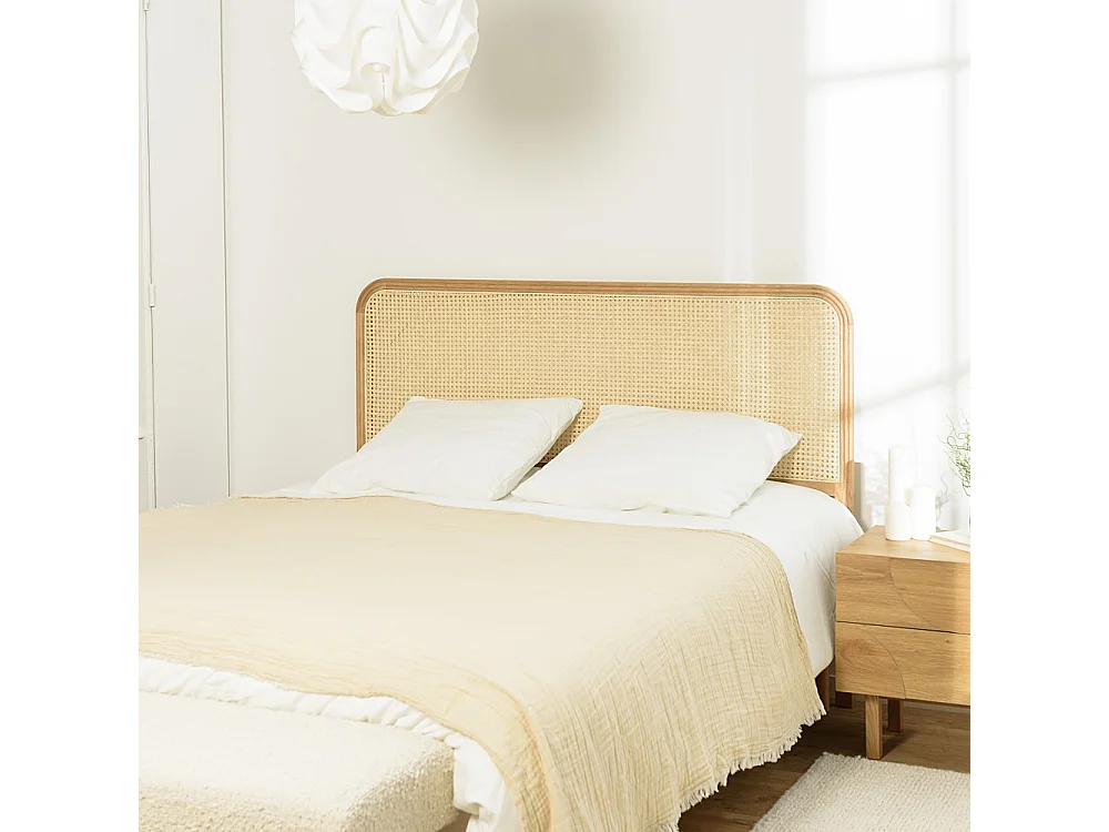 SYA - Tête de lit bords arrondis rotin naturel chêne massif 140/160cm