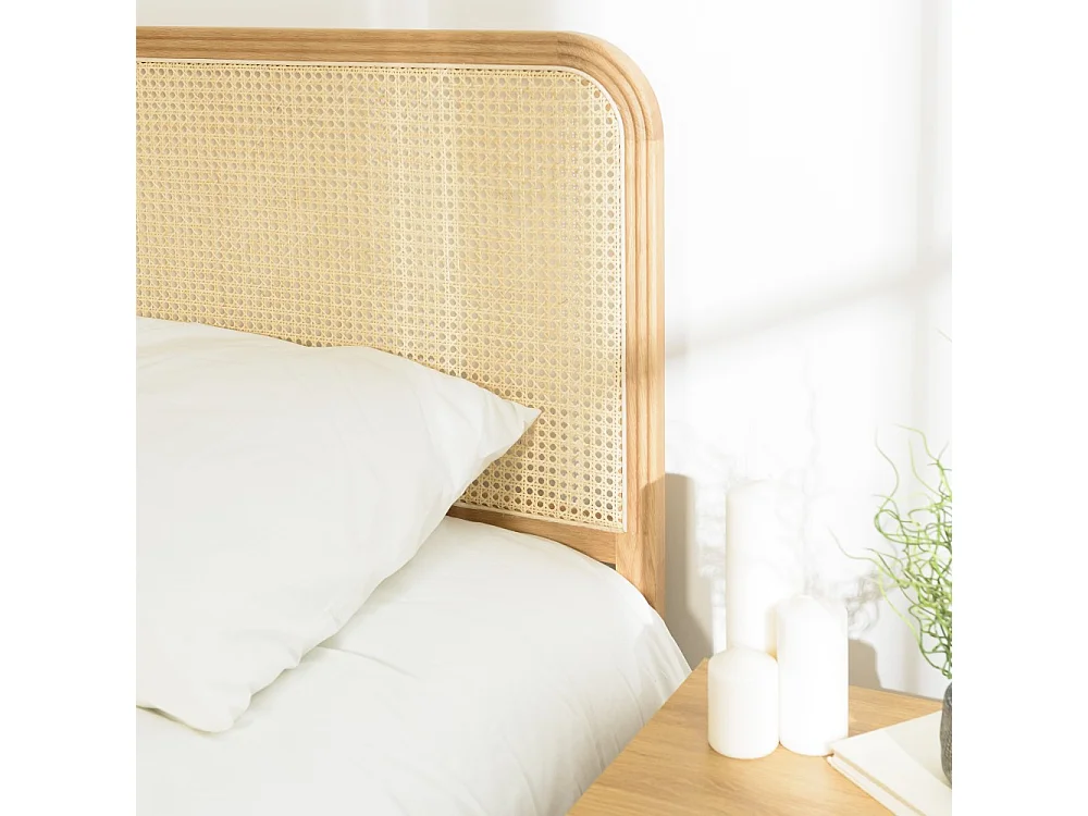 SYA - Tête de lit bords arrondis rotin naturel chêne massif 140/160cm