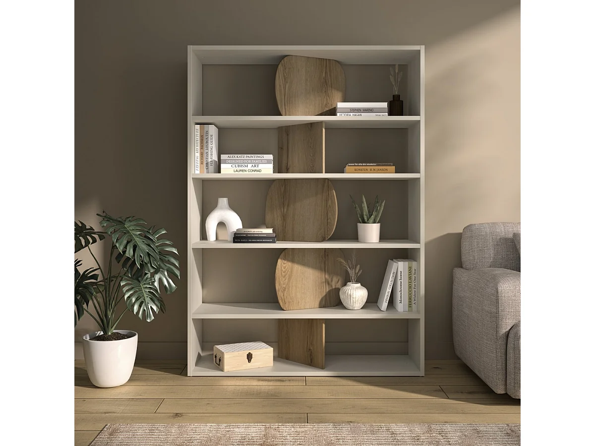 Open boekenkast met geometrische uitsnijdingen greige- en eikendecor - MANOSQUE