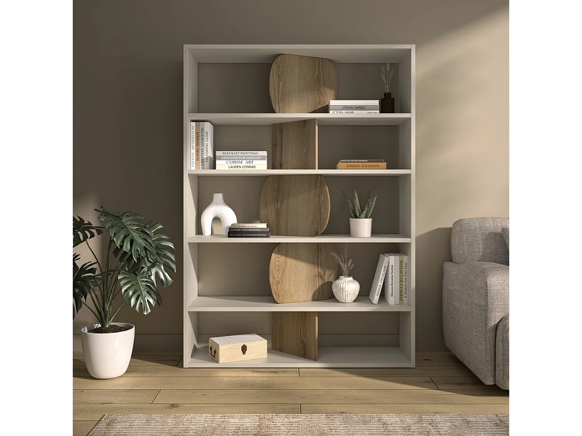 Open boekenkast met geometrische uitsnijdingen greige- en eikendecor - MANOSQUE