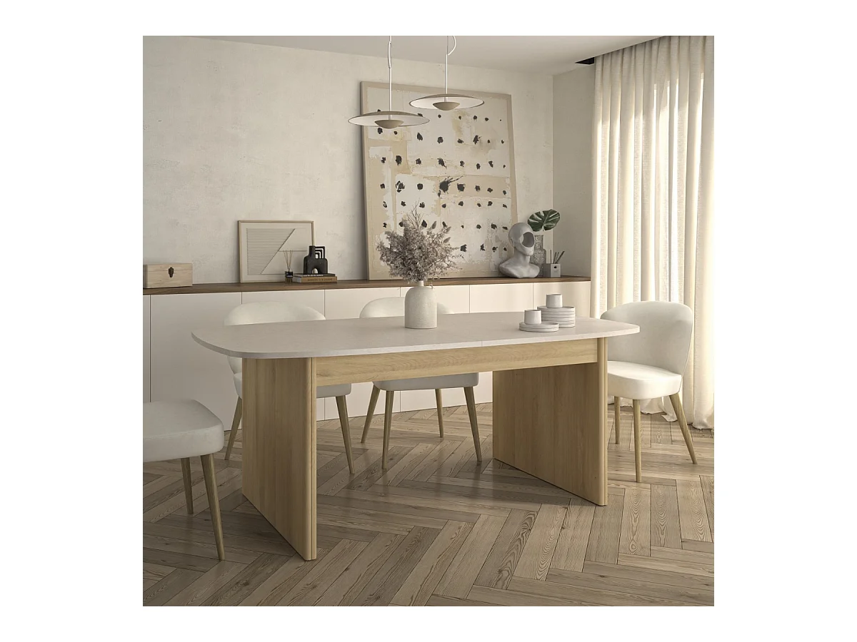 Uitschuifbare rechthoekige tafel met afgeronde hoeken wit- en eikendecor - GALEO