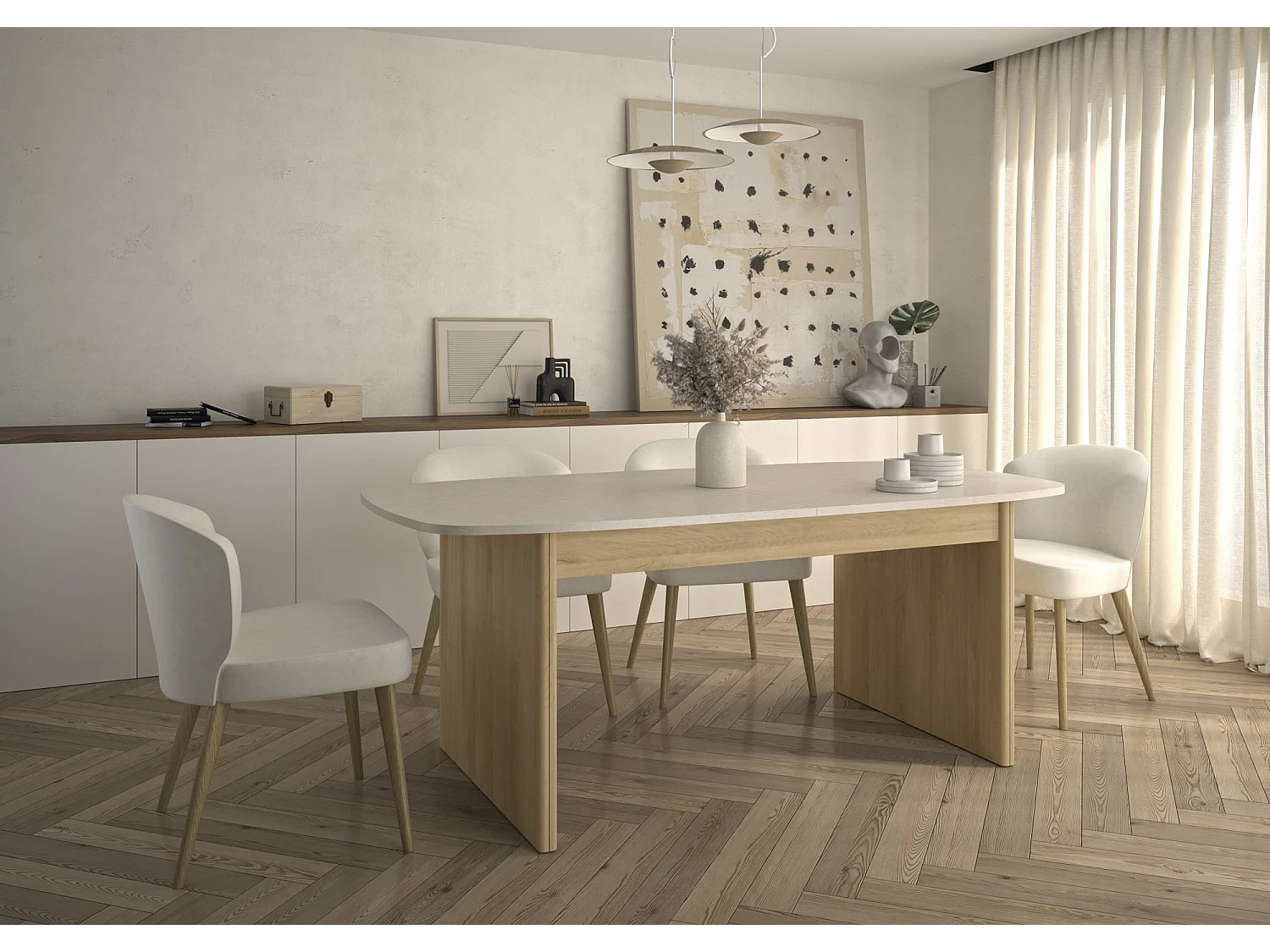 Ausziehbarer rechteckiger Tisch mit abgerundeten Kanten Dekor Weiß und Eiche - GALEO