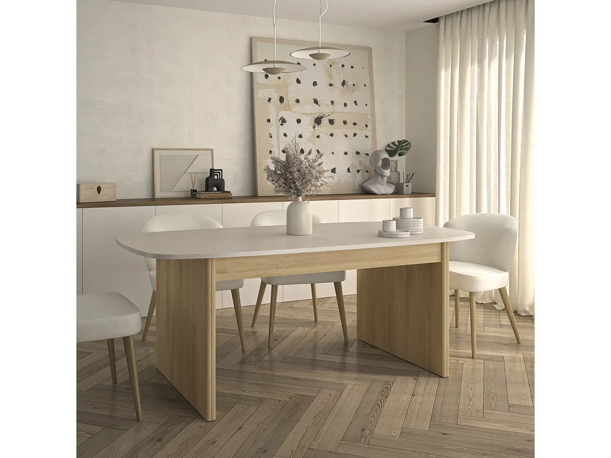 Table extensible 200 à 248cm à bords arrondis décor blanc et chêne - GALEO