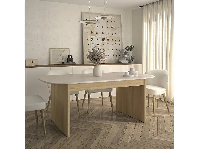 Table extensible rectangulaire à bords arrondis décor blanc et chêne - GALEO