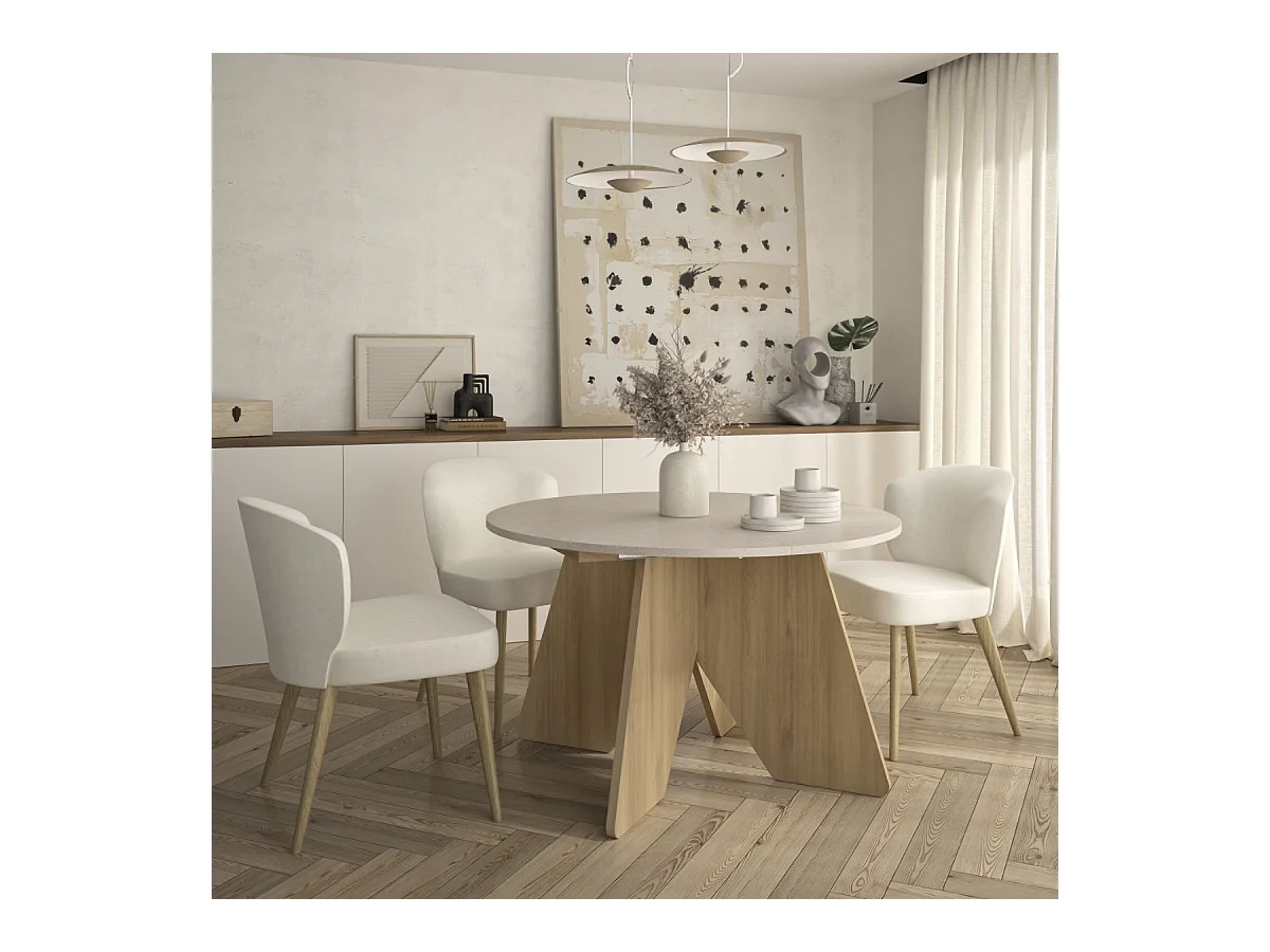Table extensible ronde décor blanc et chêne - GALEO