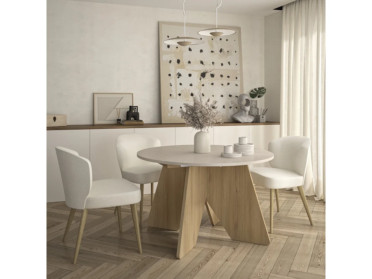 Uitschuifbare ronde tafel wit- en eikendecor - GALEO