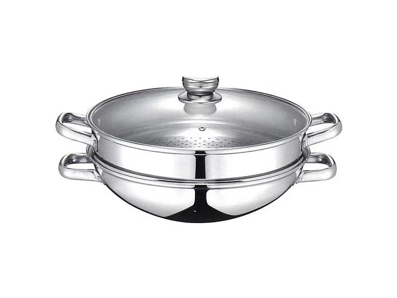 Wok 2-en-1 - BAUMALU - Tous feux dont induction - Couvercle verre - 32 cm