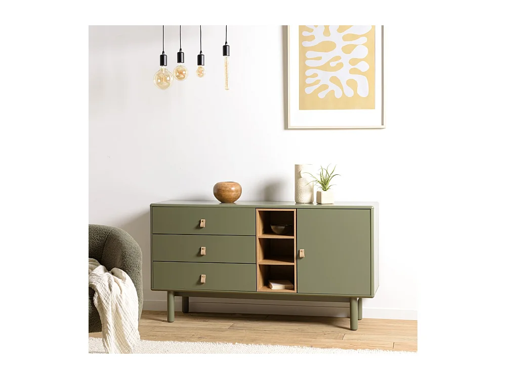 ETHAN - Buffet vert 1 porte 3 tiroirs 3 niches bois naturel
