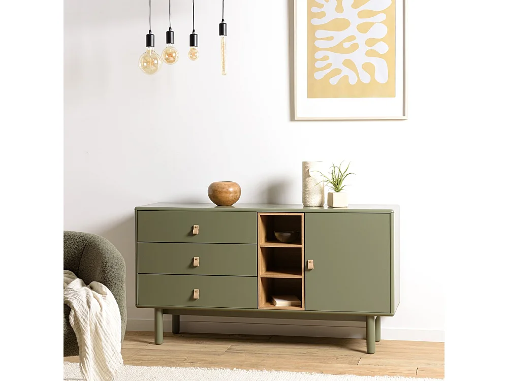 ETHAN - Buffet 1 porte 3 tiroirs 3 niches bois naturel vert