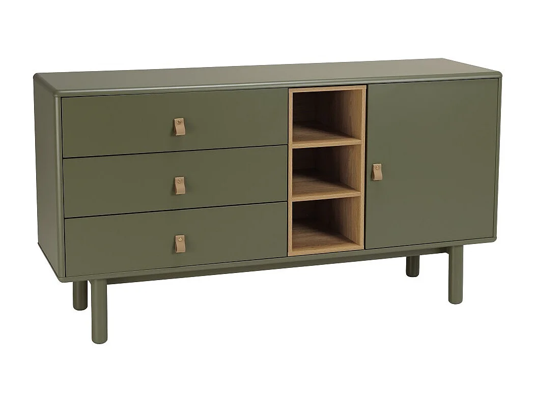 ETHAN - Buffet 1 porte 3 tiroirs 3 niches bois naturel vert