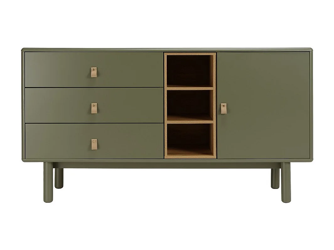 ETHAN - Buffet 1 porte 3 tiroirs 3 niches bois naturel vert