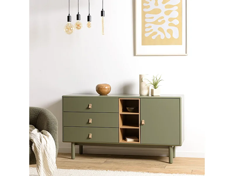 ETHAN - Buffet 1 porte 3 tiroirs 3 niches bois naturel vert