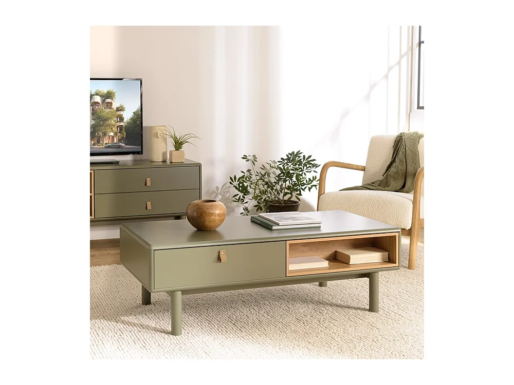 ETHAN - Table basse 2 tiroirs et 2 niches en bois naturel vert