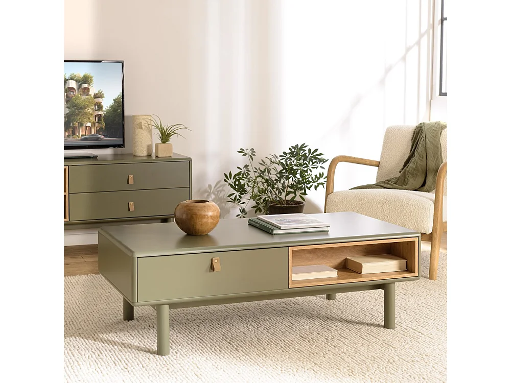 ETHAN - Table basse 2 tiroirs et 2 niches en bois naturel vert