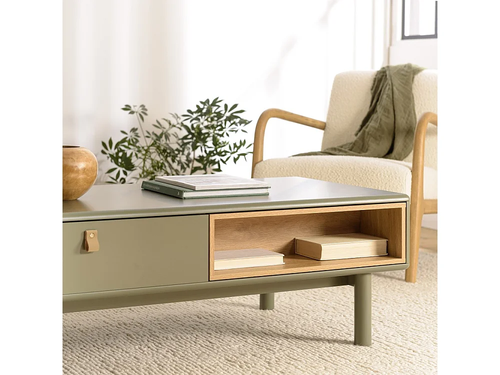 ETHAN - Table basse 2 tiroirs et 2 niches en bois naturel vert