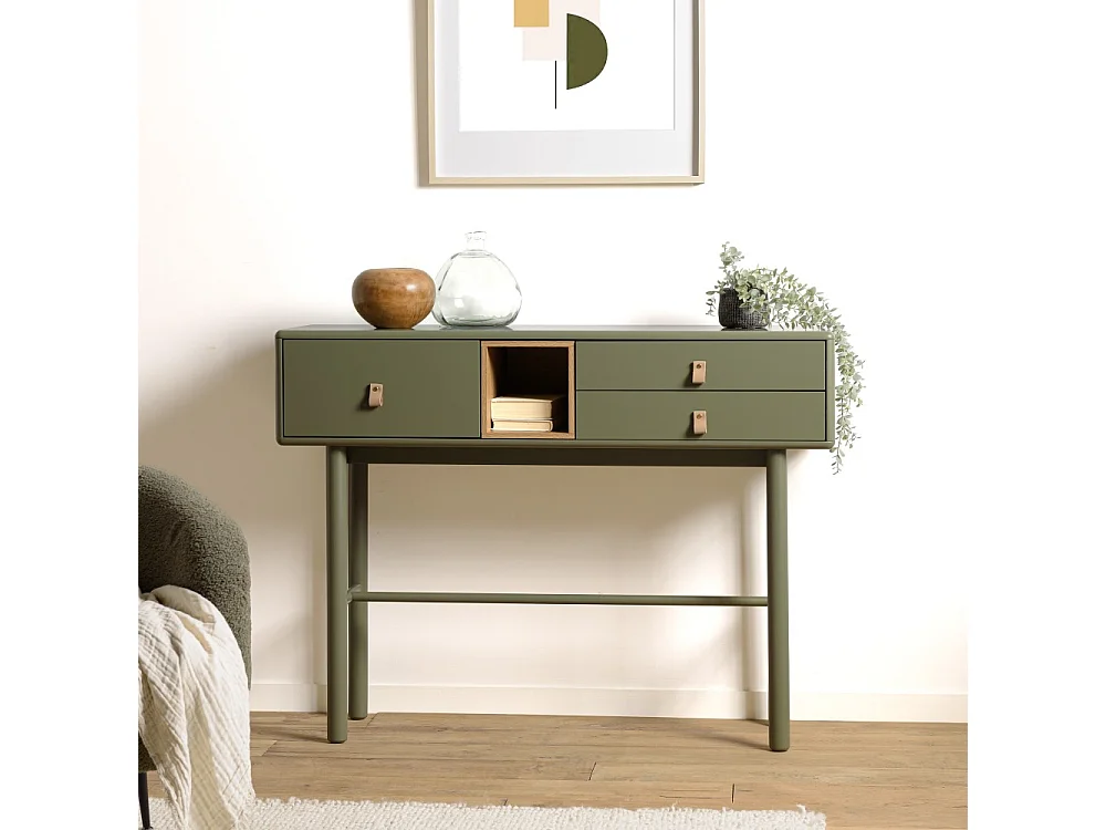 ETHAN - Console 3 tiroirs et 1 niche en bois naturel vert