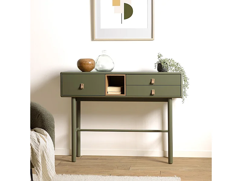 ETHAN - Console 3 tiroirs et 1 niche en bois naturel vert