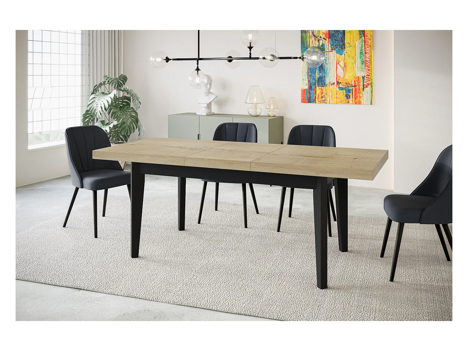 Table de salle à manger rectangulaire SKANDI, table à rallonges, dimensions: 120-160X80X78 cm, couleur: HALIFAX, avec pieds en bois de couleur noire