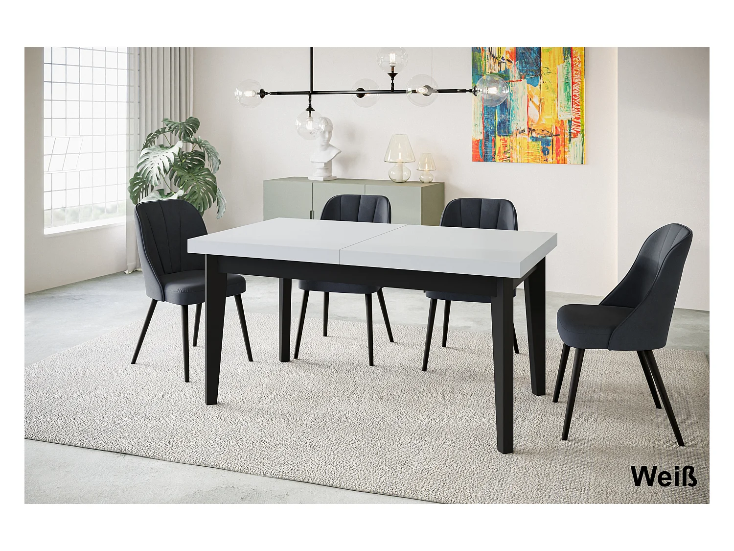 Table de salle à manger rectangulaire SKANDI, table à rallonges, dimensions: 140-180X80X78 cm, couleur: blanc, avec pieds en bois de couleur noir