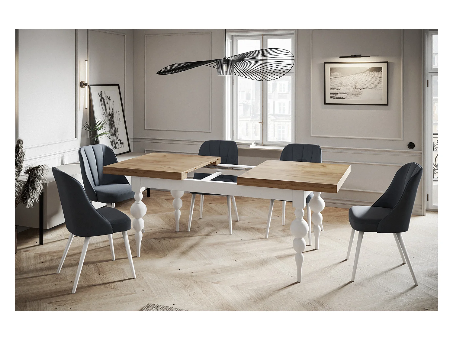 Table de salle à manger rectangulaire LENA, table à rallonges, dimensions: 140-180X80X78,5 cm, couleur: CRAFT, avec pieds de table de couleur blanche