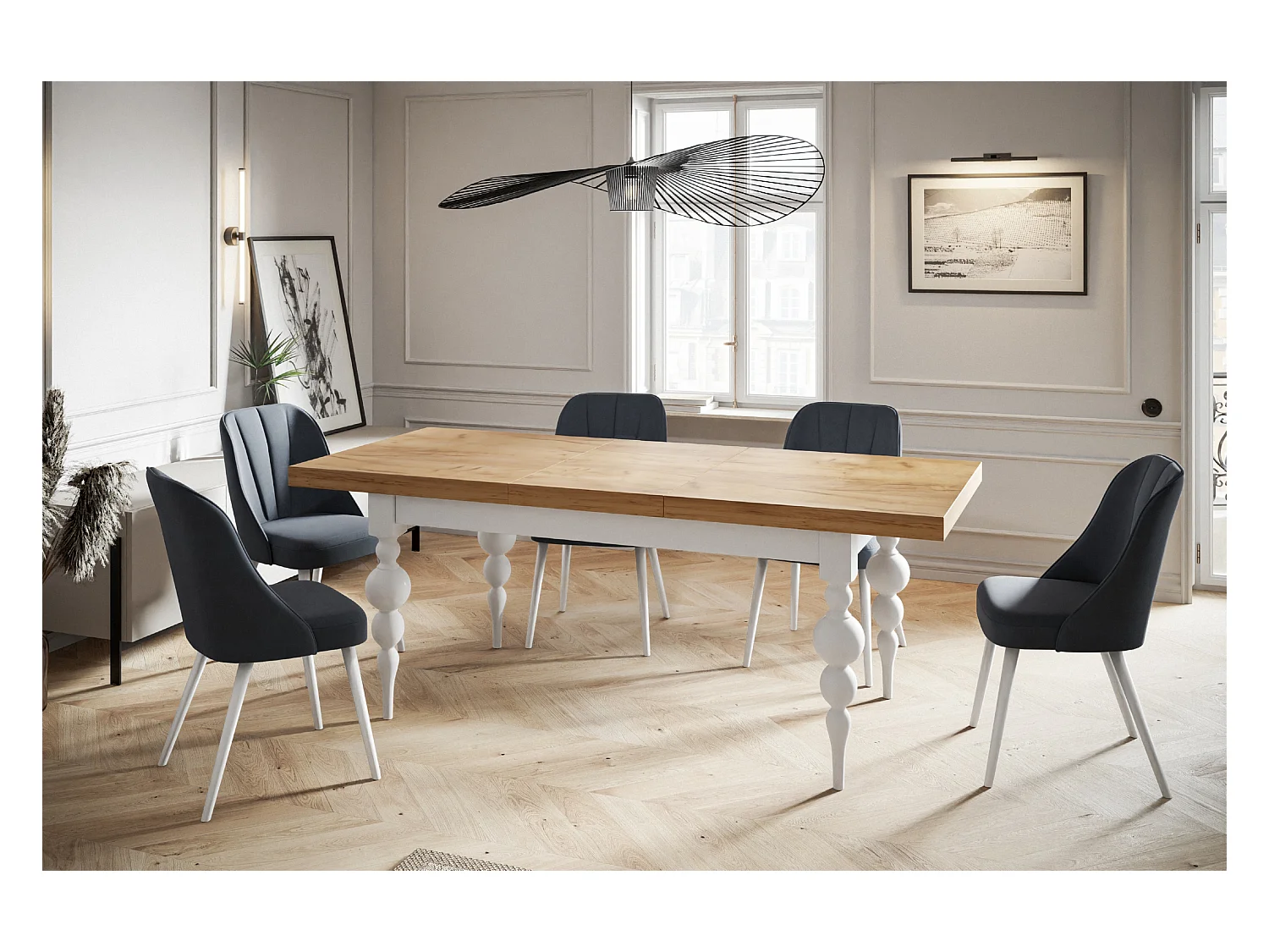 Table de salle à manger rectangulaire LENA, table à rallonges, dimensions: 140-180X80X78,5 cm, couleur: CRAFT, avec pieds de table de couleur blanche