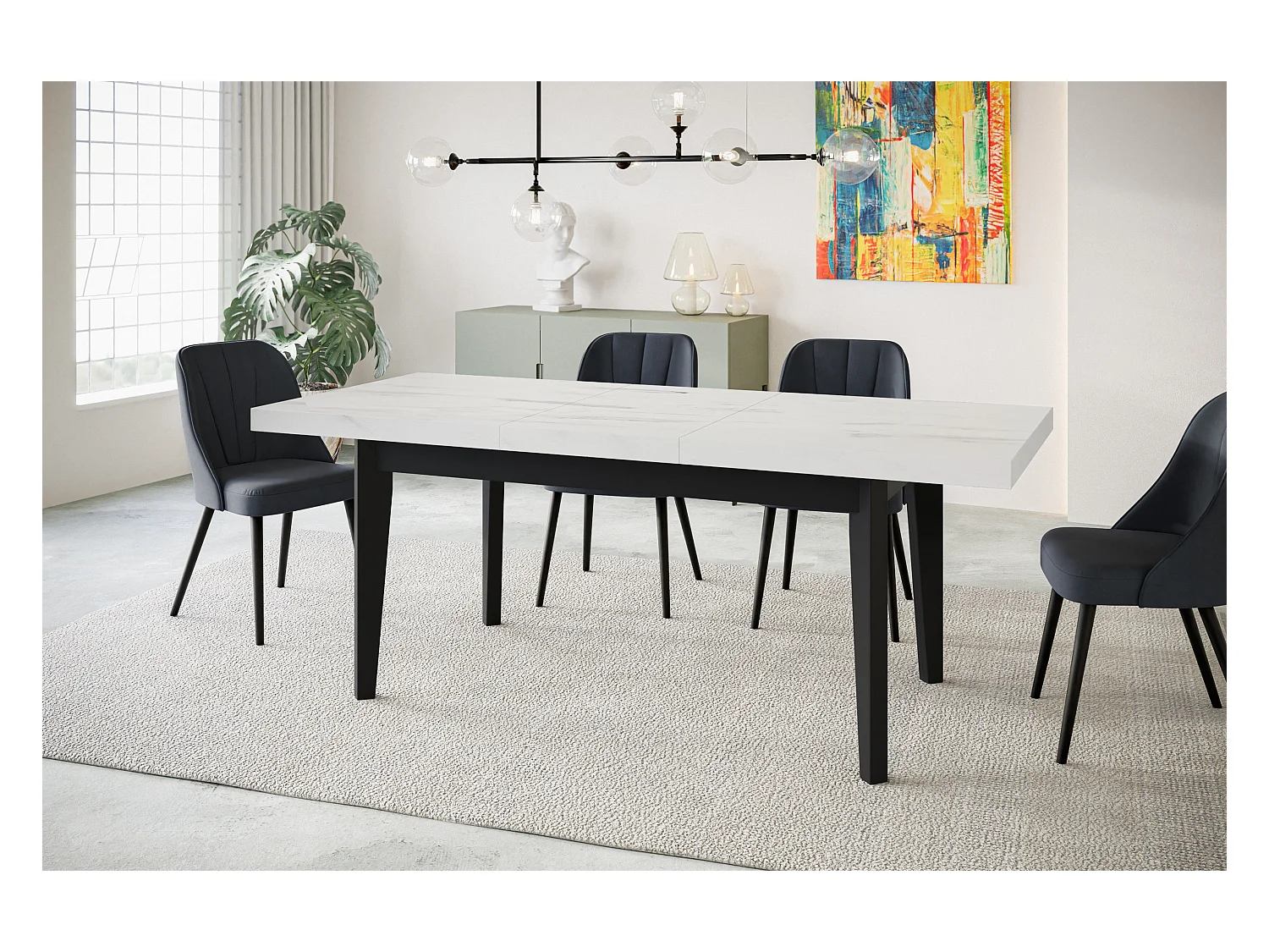 Table de salle à manger rectangulaire SKANDI, table à rallonges, dimensions: 160-210X90X78 cm, couleur: MARBRE, avec pieds en bois de couleur noire