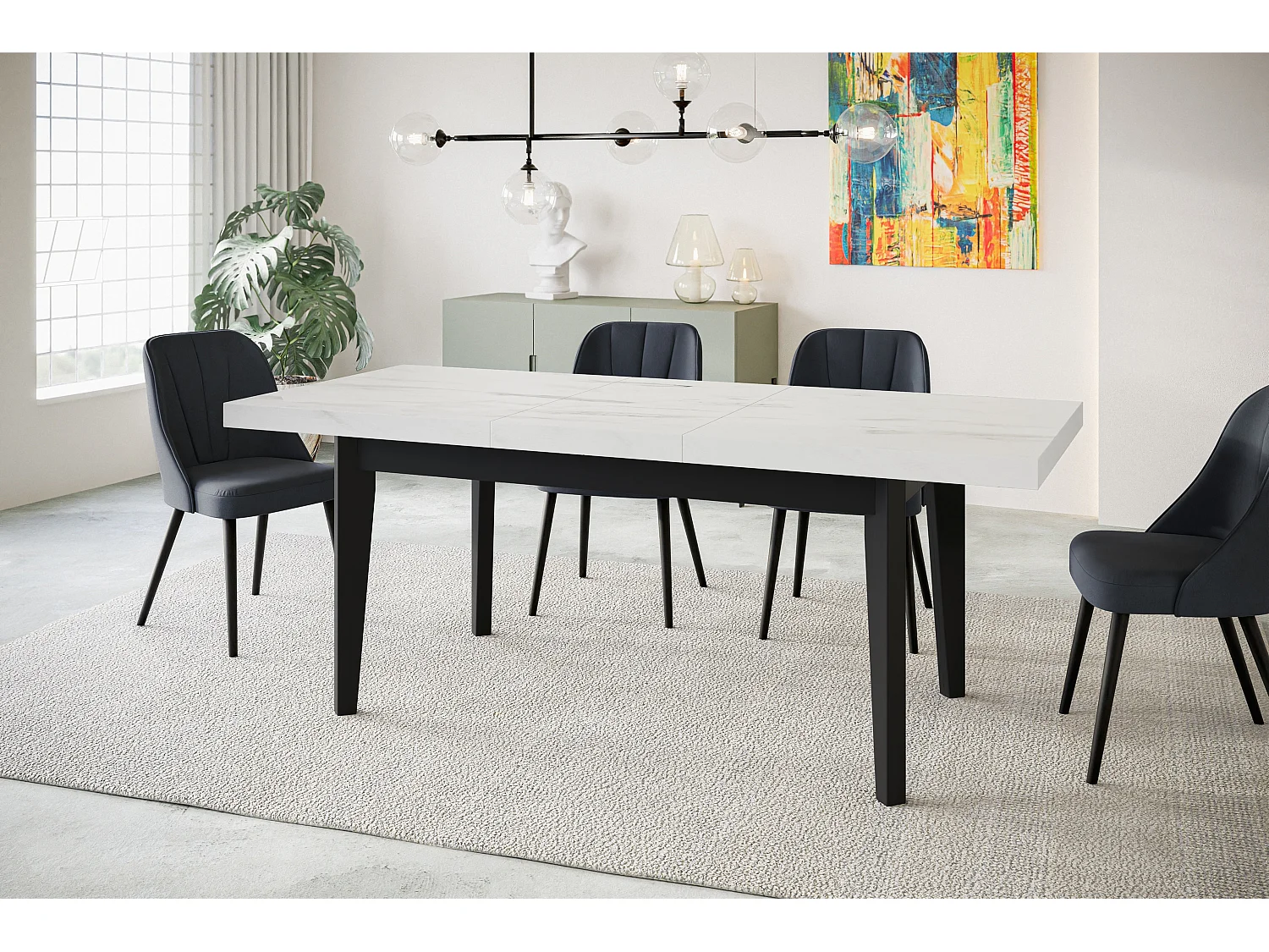 Table de salle à manger rectangulaire SKANDI, table à rallonges, dimensions: 160-210X90X78 cm, couleur: MARBRE, avec pieds en bois de couleur noire