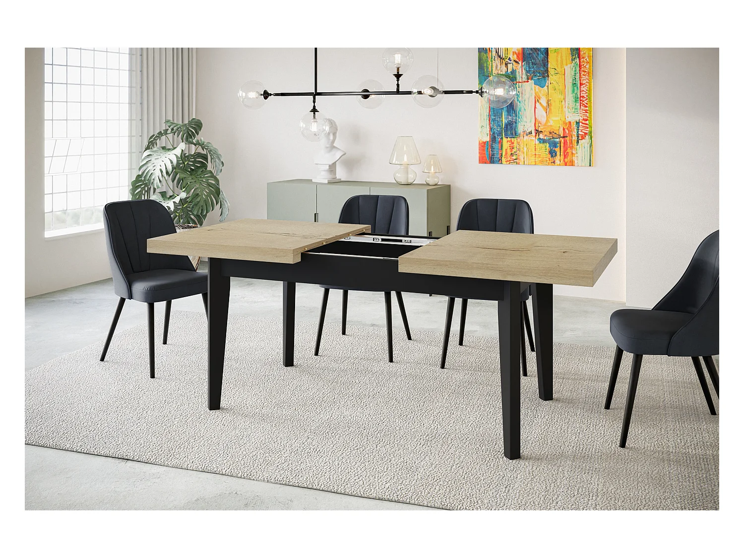 Table de salle à manger rectangulaire SKANDI, table à rallonges, dimensions: 200-300X100X78 cm, couleur: HALIFAX, avec pieds en bois de couleur noire