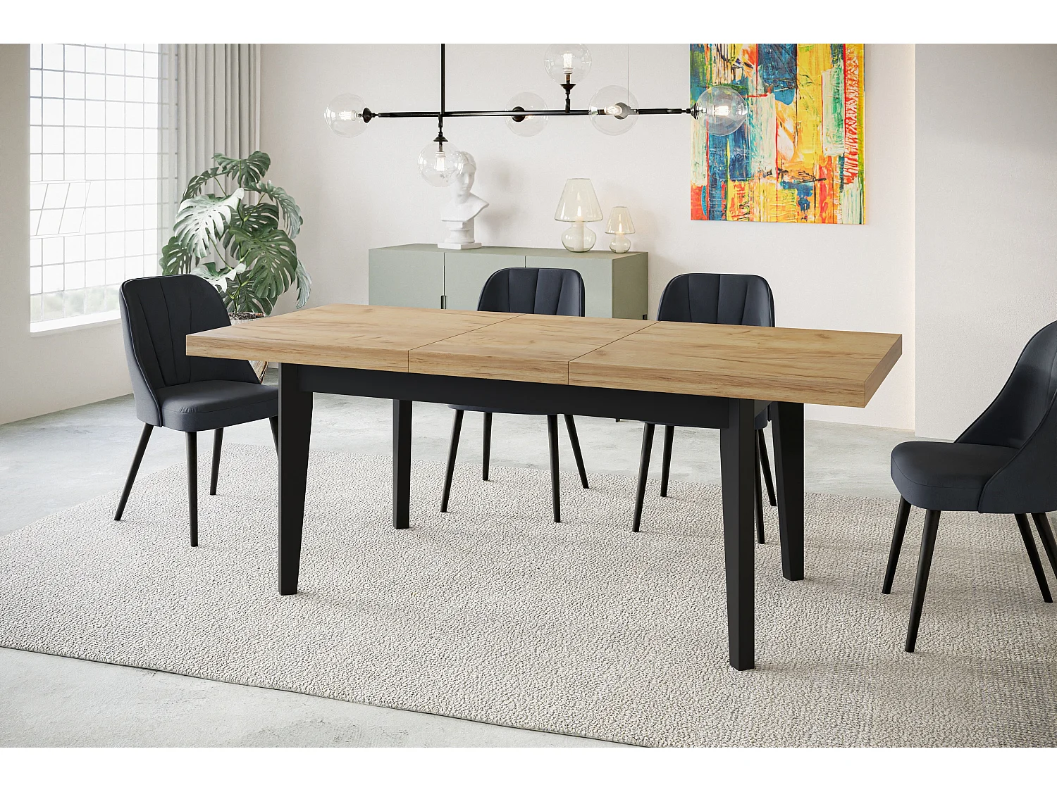 Table de salle à manger rectangulaire SKANDI, table à rallonges, dimensions: 200-300X100X78 cm, couleur: CRAFT, avec pieds en bois de couleur noire