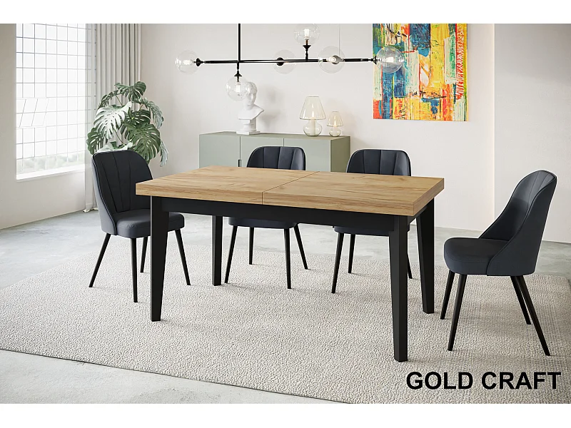 Table de salle à manger rectangulaire SKANDI, table à rallonges, dimensions: 200-300X100X78 cm, couleur: CRAFT, avec pieds en bois de couleur noire