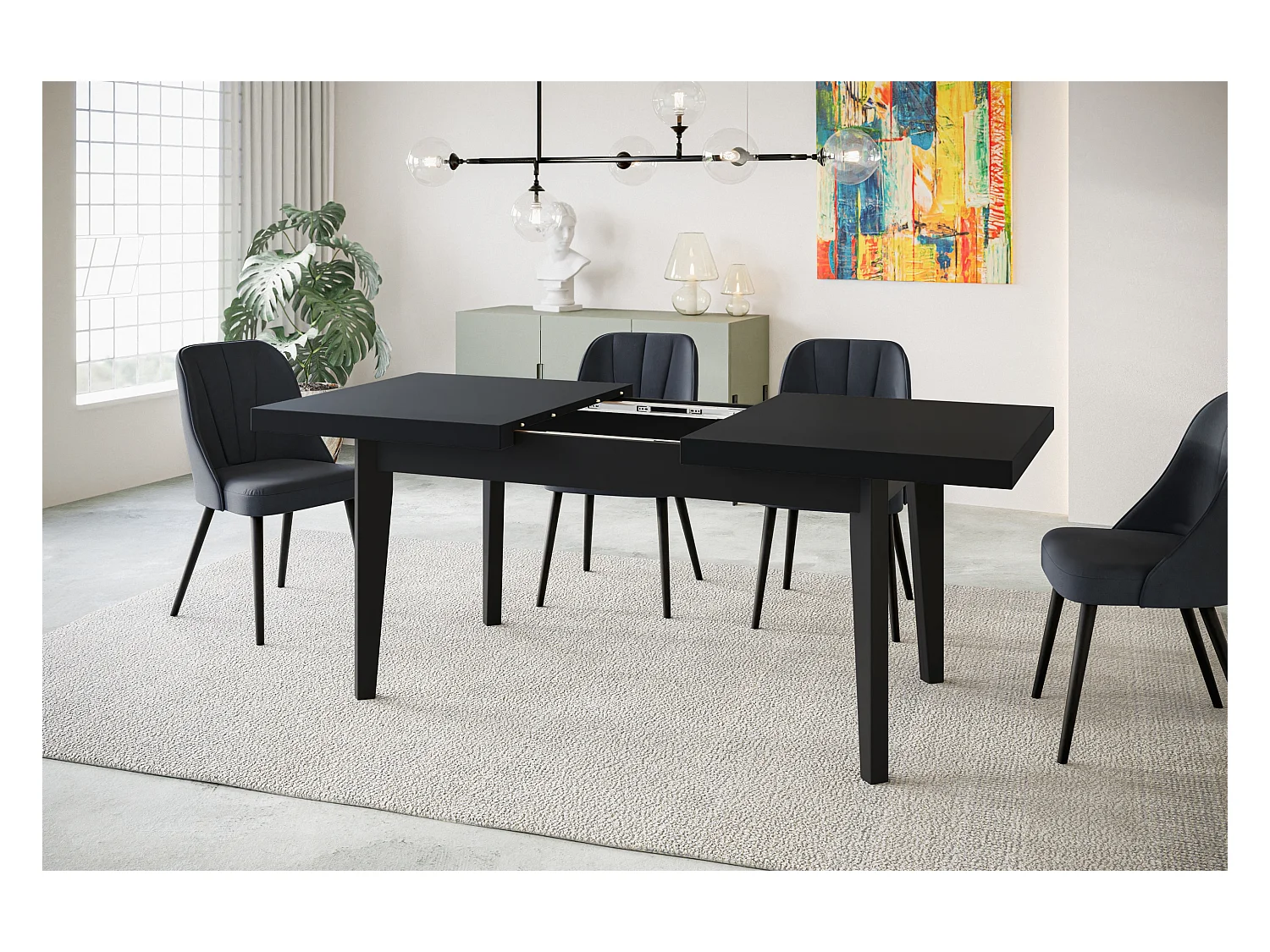 Table de salle à manger rectangulaire SKANDI, table à rallonges, dimensions: 120-160X80X78 cm, couleur: noir, avec pieds en bois de couleur noire