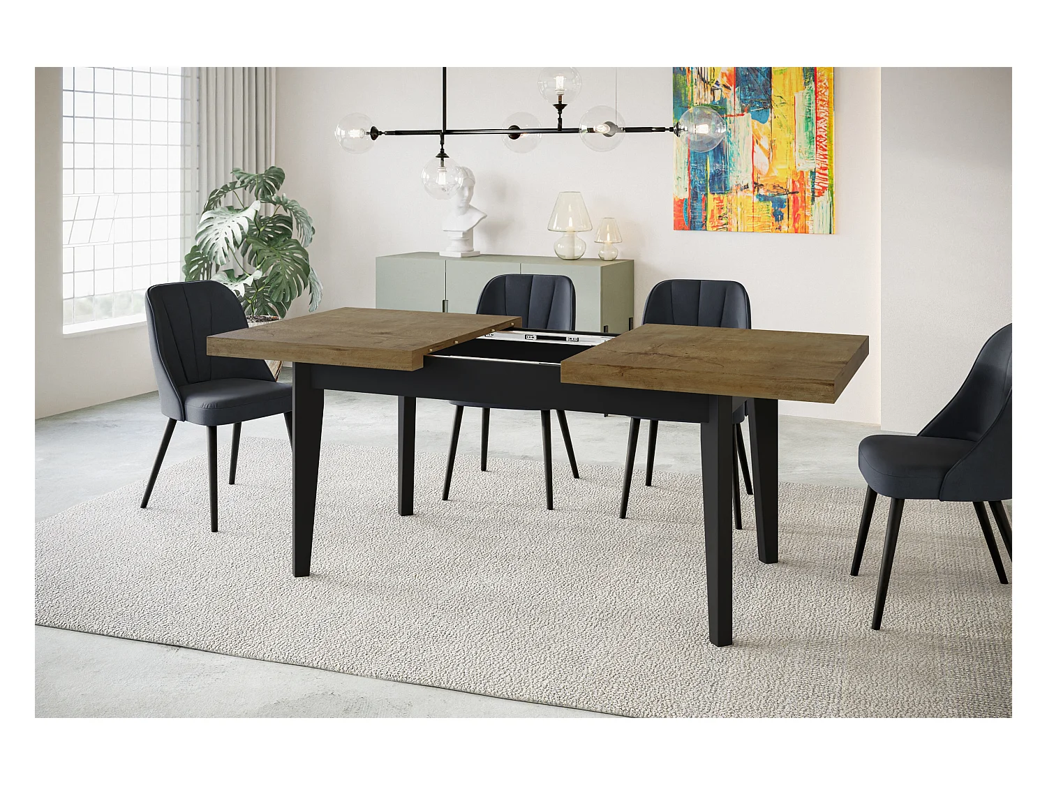 Table de salle à manger rectangulaire SKANDI, table à rallonges, dimensions: 200-300X100X78 cm, couleur: LEFKAS, avec pieds en bois de couleur noire