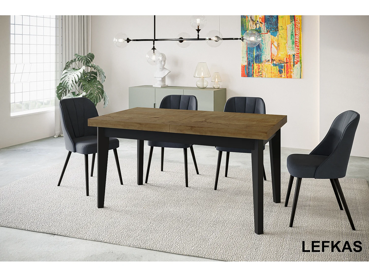 Table de salle à manger rectangulaire SKANDI, table à rallonges, dimensions: 200-300X100X78 cm, couleur: LEFKAS, avec pieds en bois de couleur noire