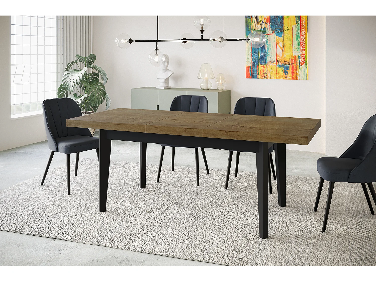 Table de salle à manger rectangulaire SKANDI, table à rallonges, dimensions: 200-300X100X78 cm, couleur: LEFKAS, avec pieds en bois de couleur noire