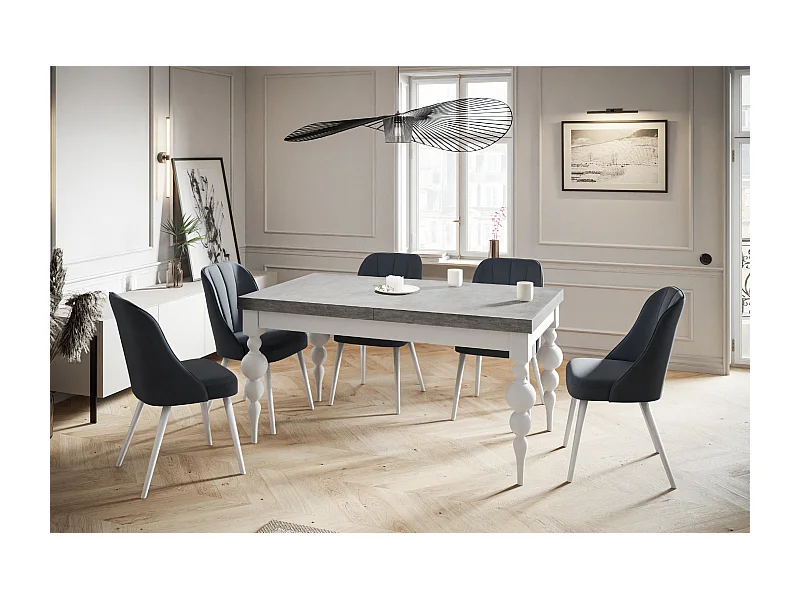 Table de salle à manger rectangulaire LENA, table à rallonges, dimensions: 120-160X80X78,5 cm, couleur: gris, avec pieds de table de couleur blanche