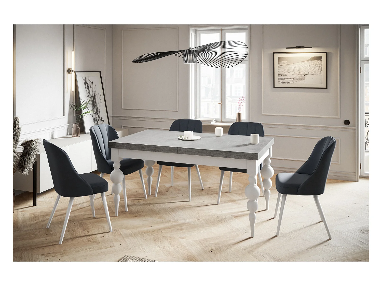 Table de salle à manger rectangulaire LENA, table à rallonges, dimensions: 120-160X80X78,5 cm, couleur: gris, avec pieds de table de couleur blanche