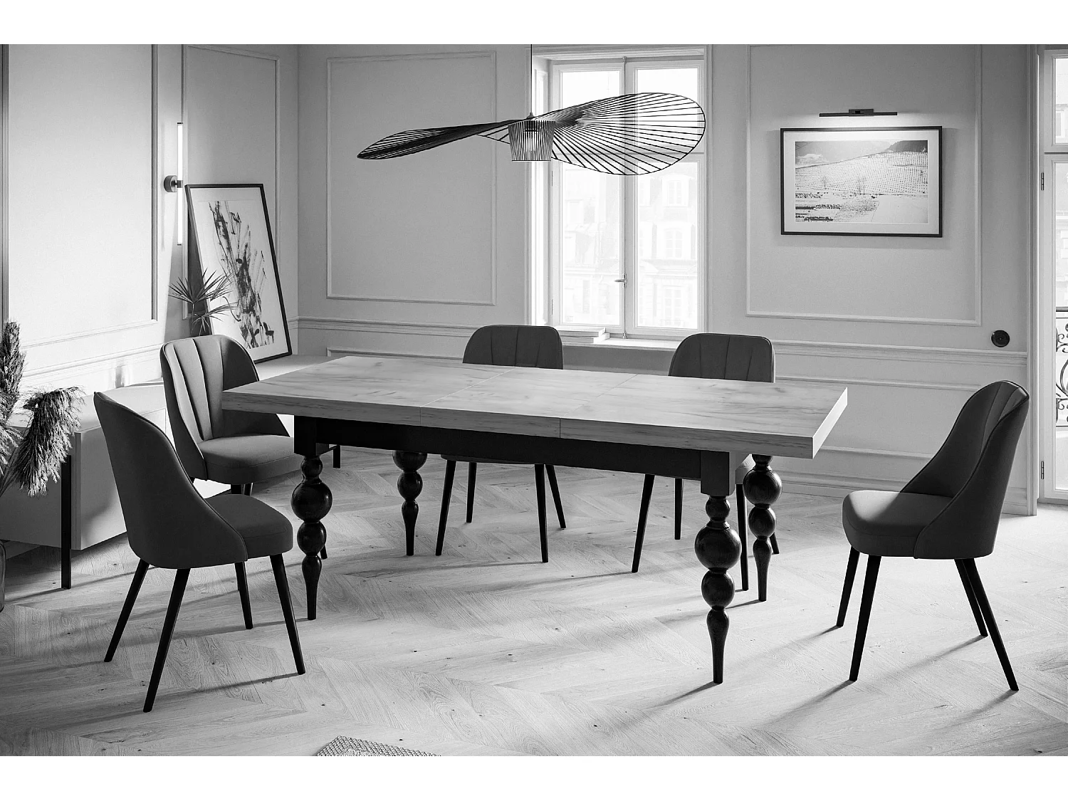 Table de salle à manger rectangulaire LENA, table à rallonges, dimensions: 120-160X80X78,5 cm, couleur: gris, avec pieds de table de couleur blanche