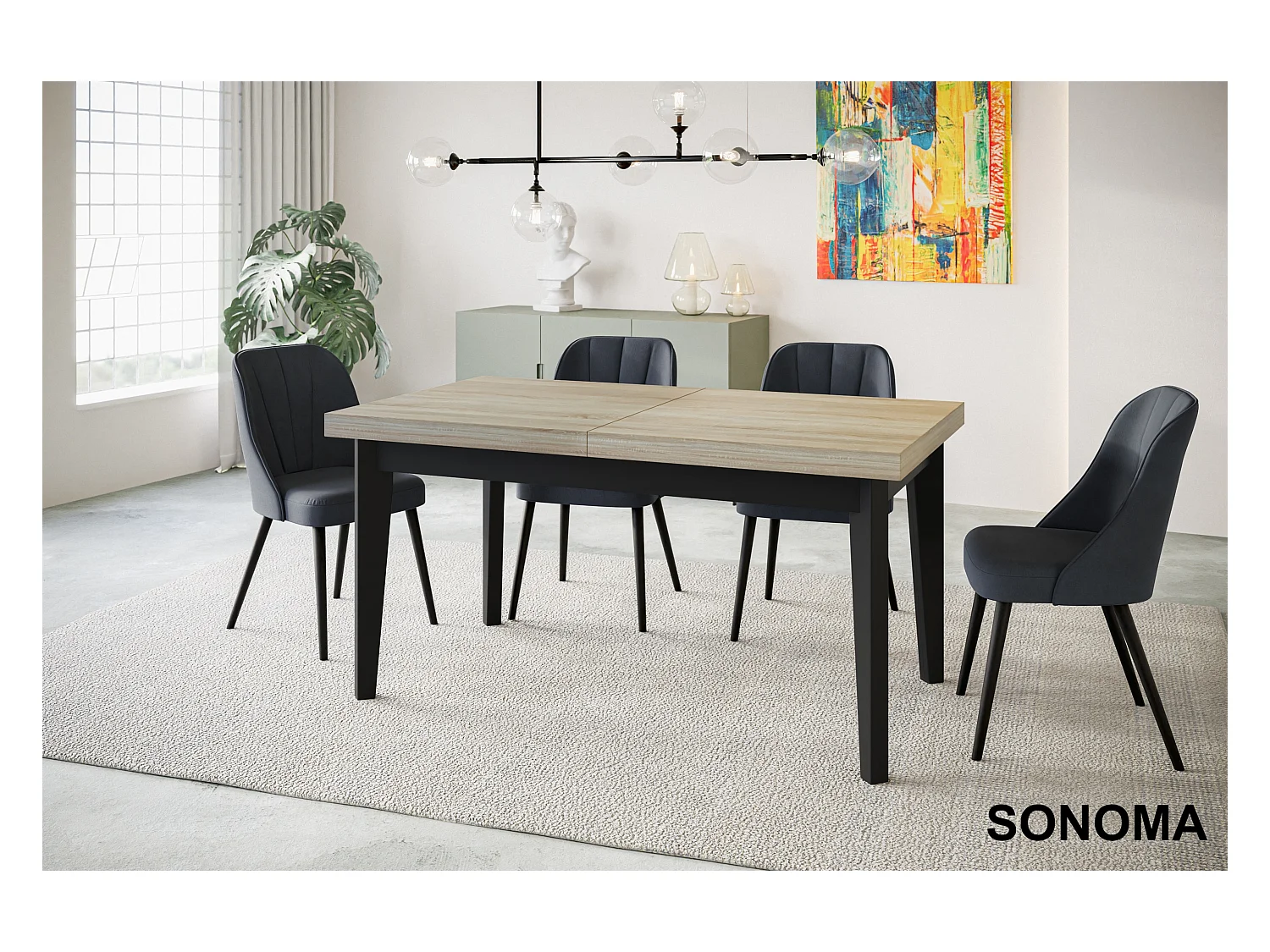 Table de salle à manger rectangulaire SKANDI, table à rallonges, dimensions: 200-300X100X78 cm, couleur: SONOMA, avec pieds en bois de couleur noire