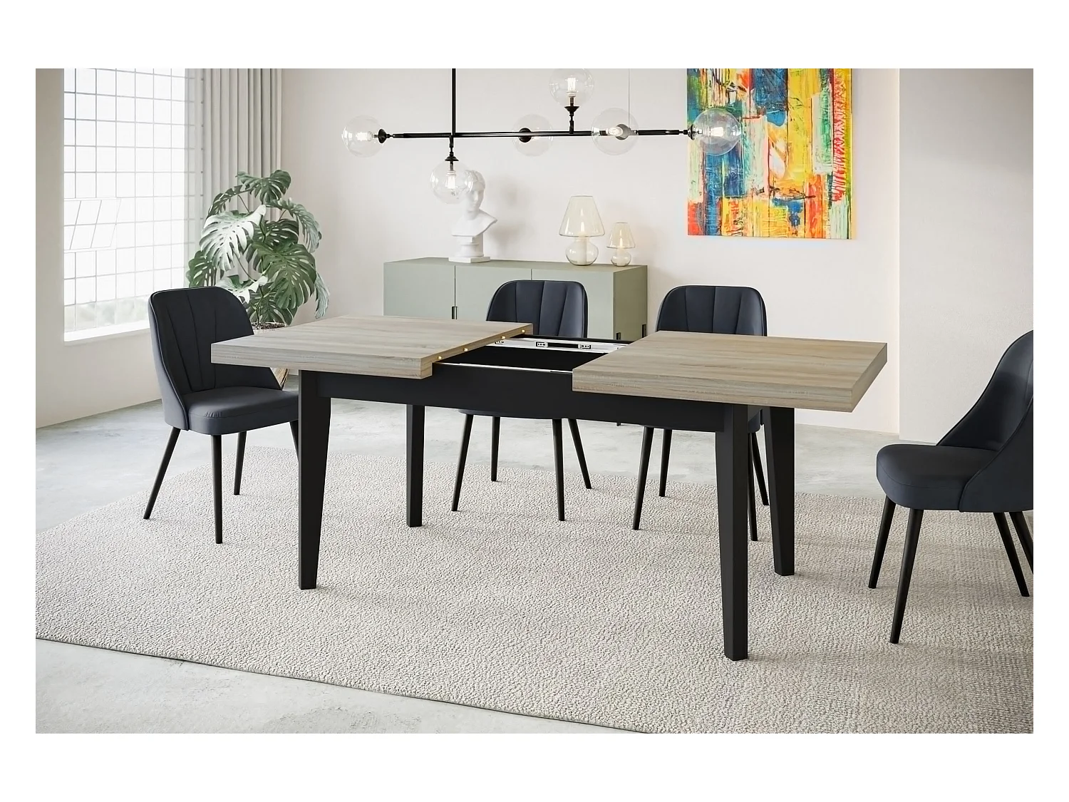 Table de salle à manger rectangulaire SKANDI, table à rallonges, dimensions: 200-300X100X78 cm, couleur: SONOMA, avec pieds en bois de couleur noire