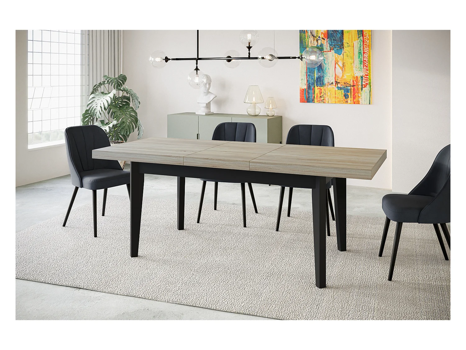 Table de salle à manger rectangulaire SKANDI, table à rallonges, dimensions: 200-300X100X78 cm, couleur: SONOMA, avec pieds en bois de couleur noire