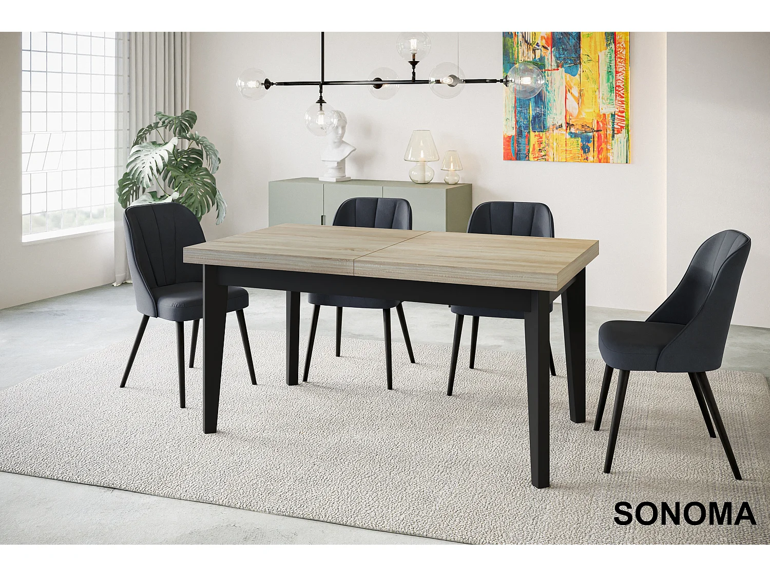 Table de salle à manger rectangulaire SKANDI, table à rallonges, dimensions: 200-300X100X78 cm, couleur: SONOMA, avec pieds en bois de couleur noire