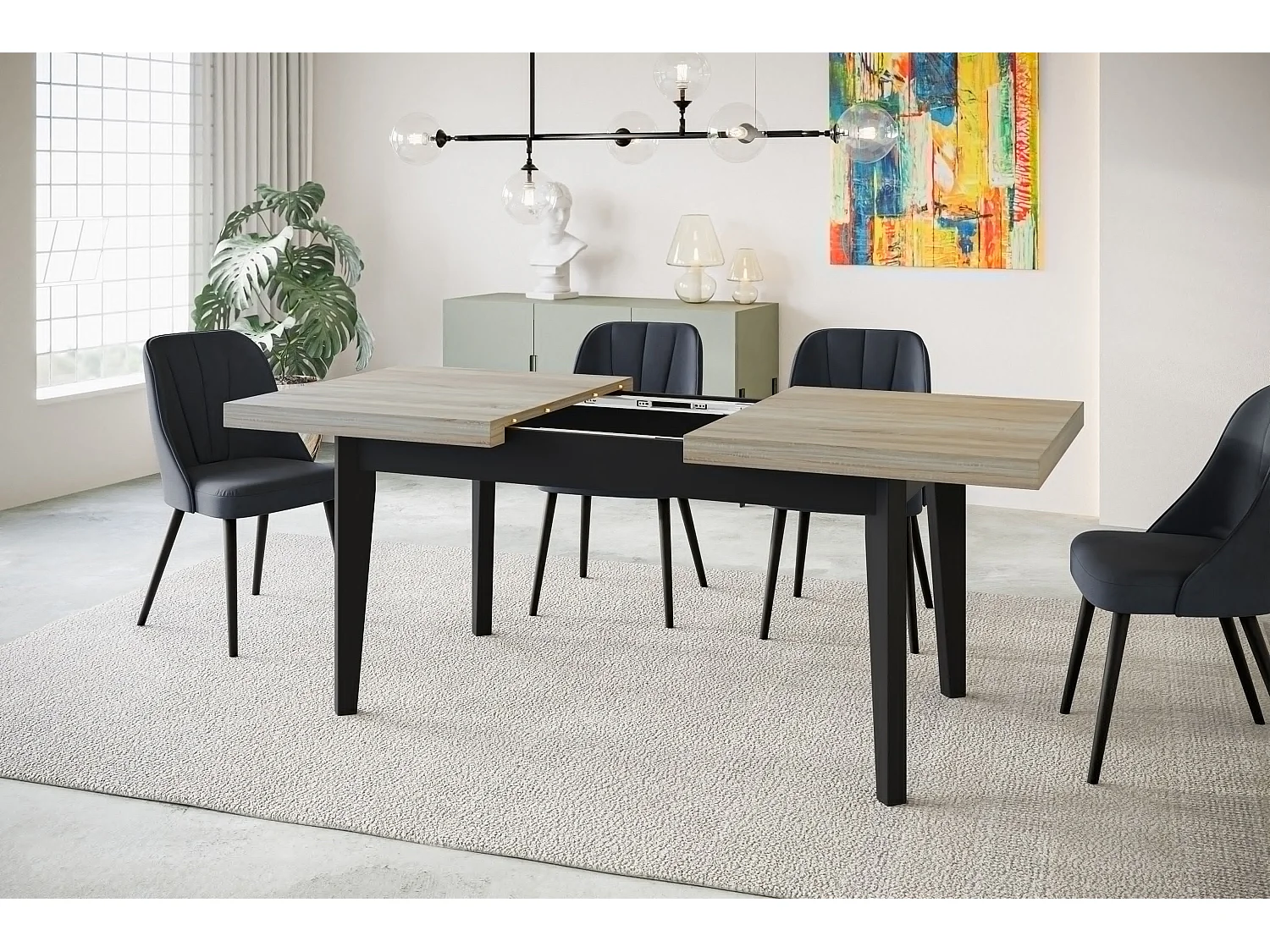 Table de salle à manger rectangulaire SKANDI, table à rallonges, dimensions: 200-300X100X78 cm, couleur: SONOMA, avec pieds en bois de couleur noire