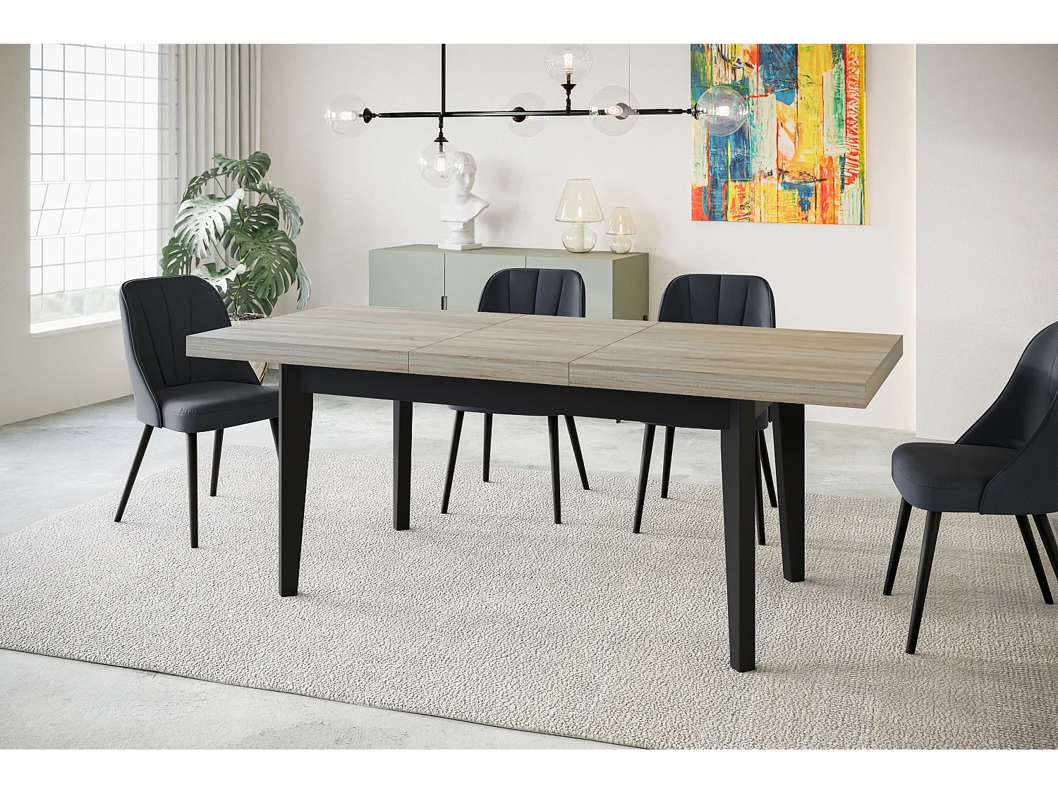 Table de salle à manger rectangulaire SKANDI, table à rallonges, dimensions: 200-300X100X78 cm, couleur: SONOMA, avec pieds en bois de couleur noire