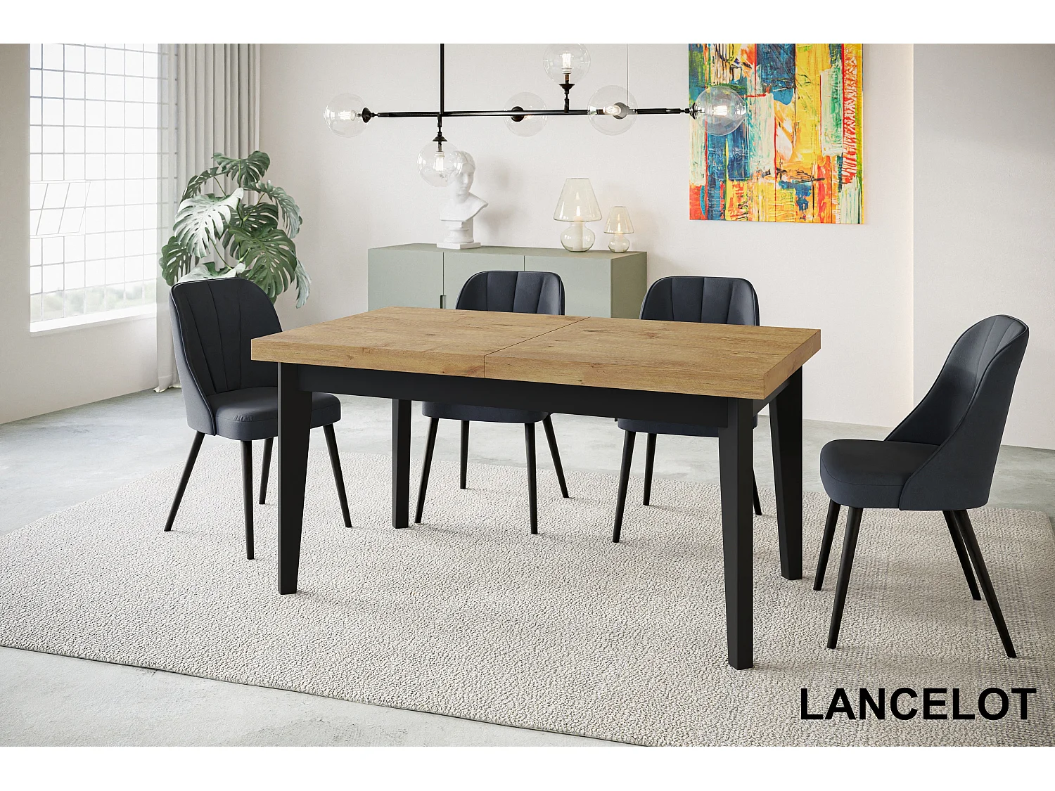 Table de salle à manger rectangulaire SKANDI, table à rallonges, dimensions: 200-300X100X78 cm, couleur: LANCELOT, avec pieds en bois de couleur noire