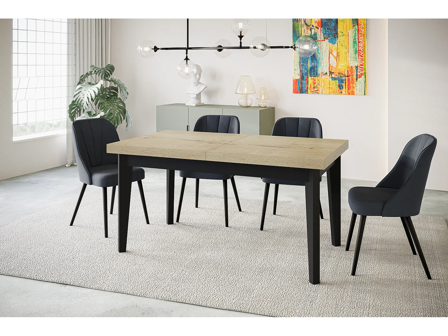 Table de salle à manger rectangulaire SKANDI, table à rallonges, dimensions: 140-180X80X78 cm, couleur: HALIFAX, avec pieds en bois de couleur noire