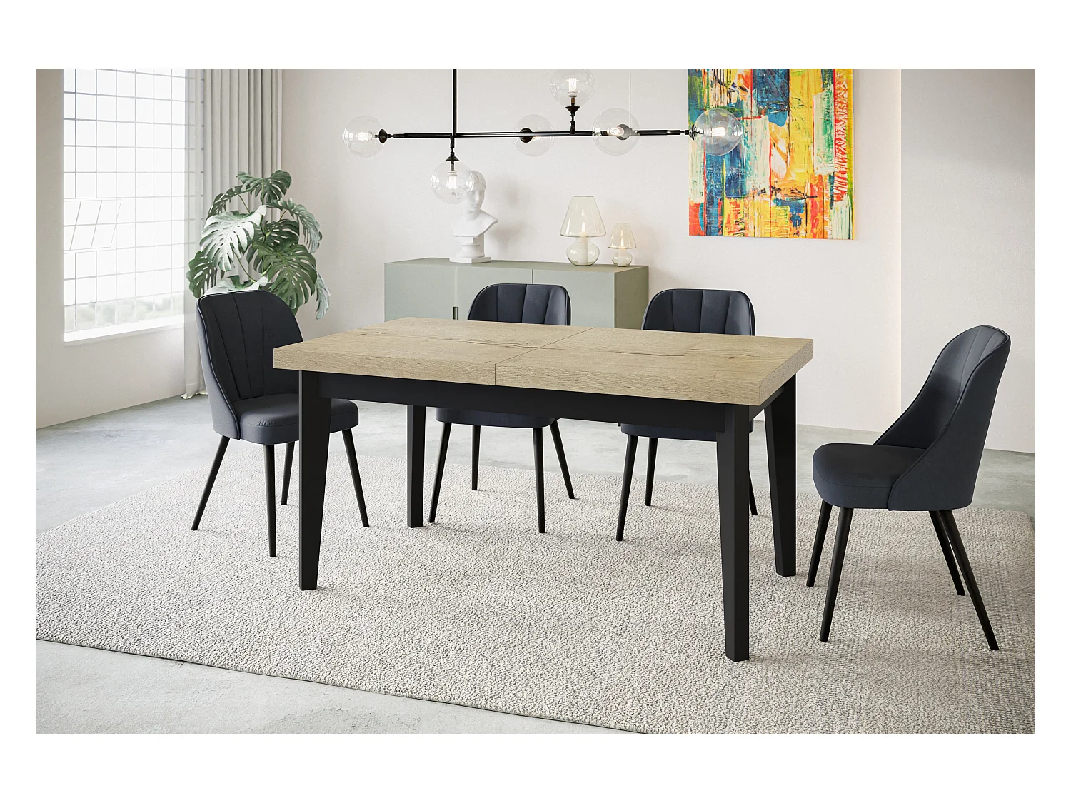Table de salle à manger rectangulaire SKANDI, table à rallonges, dimensions: 140-180X80X78 cm, couleur: HALIFAX, avec pieds en bois de couleur noire