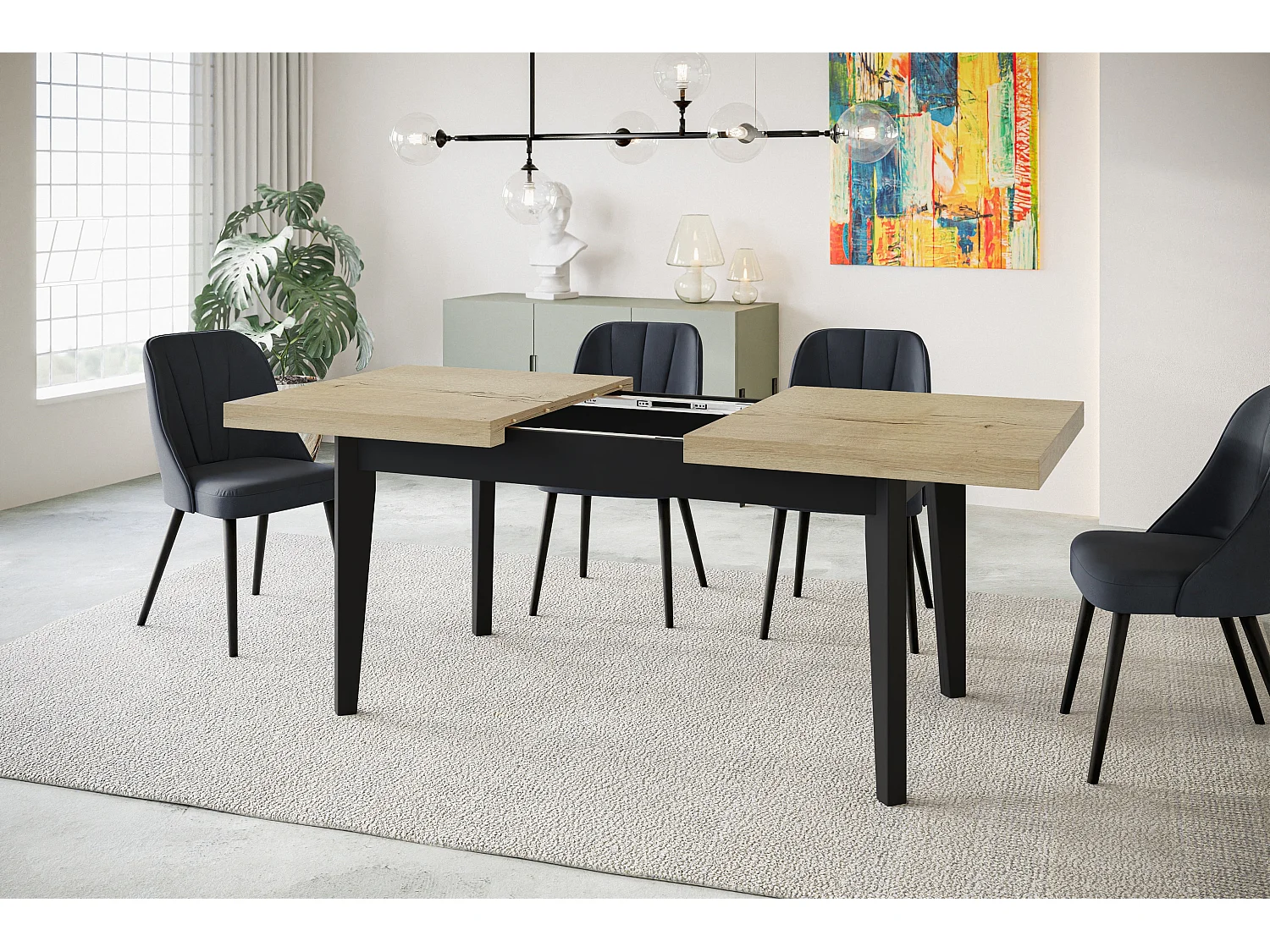 Table de salle à manger rectangulaire SKANDI, table à rallonges, dimensions: 140-180X80X78 cm, couleur: HALIFAX, avec pieds en bois de couleur noire