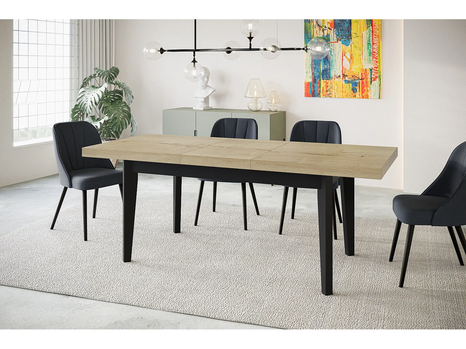 Table de salle à manger rectangulaire SKANDI, table à rallonges, dimensions: 140-180X80X78 cm, couleur: HALIFAX, avec pieds en bois de couleur noire