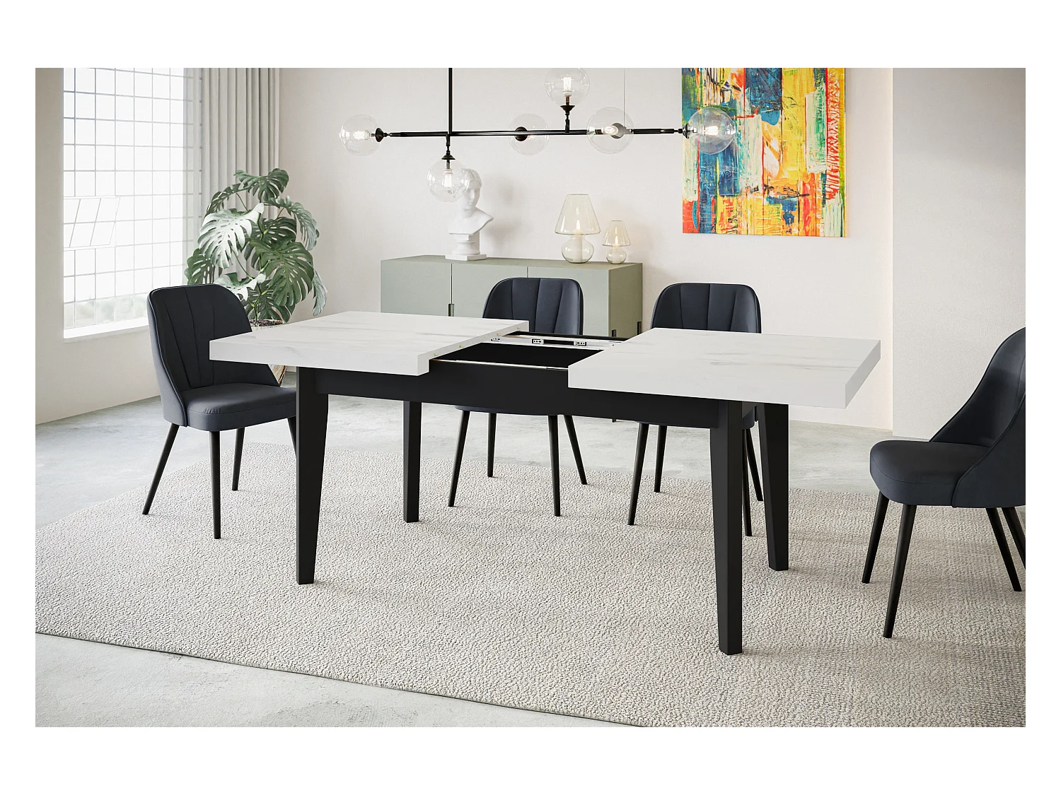 Table de salle à manger rectangulaire SKANDI, table à rallonges, dimensions: 120-160X80X78 cm, couleur: MARMUR, avec pieds en bois de couleur noire