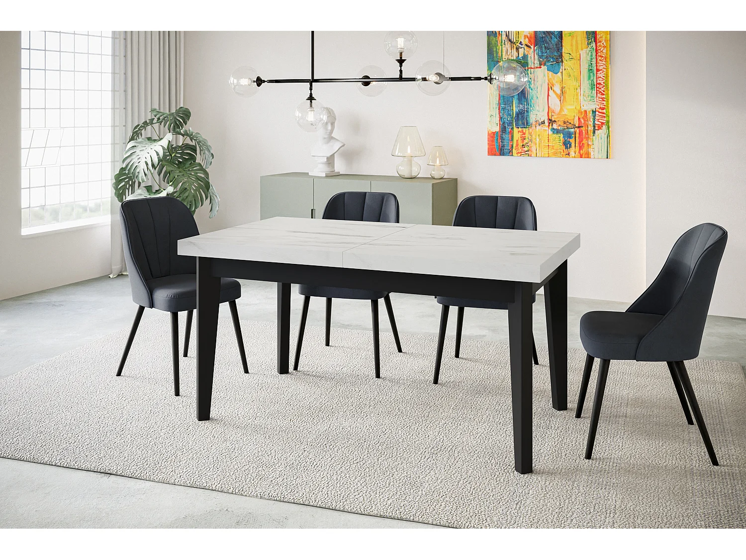 Table de salle à manger rectangulaire SKANDI, table à rallonges, dimensions: 200-300X100X78 cm, couleur: MARBRE, avec pieds en bois de couleur noire